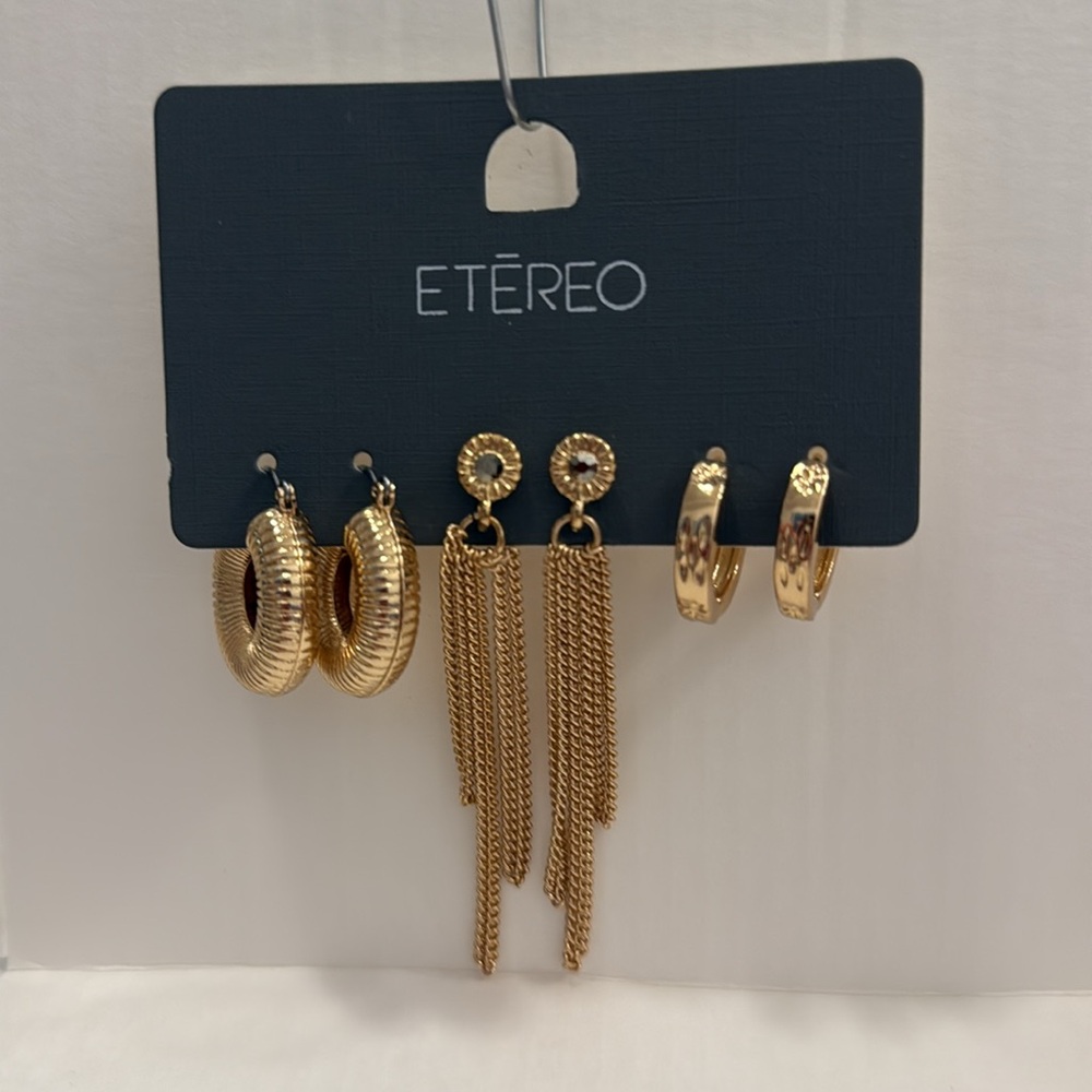 ⭐️NEW ETEREO Gold Tone Textured Hoop and Tassel Earrings SET OF 3